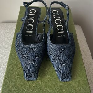 *NWT* Gucci Denim Slingback Heels with Signature Monogram in Black Crystal Shoes